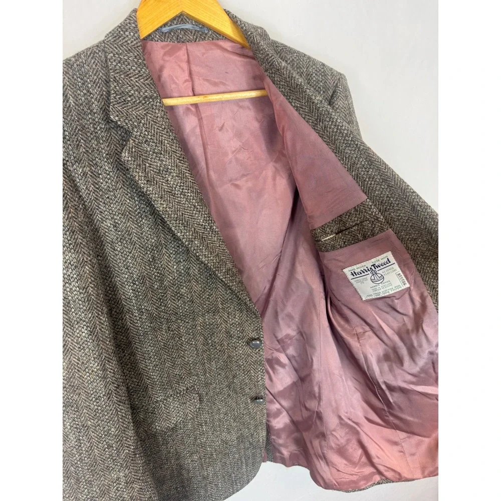 Harris Tweed Mens 40L Tall Brown Herringbone Wool Blazer Elbow Patches